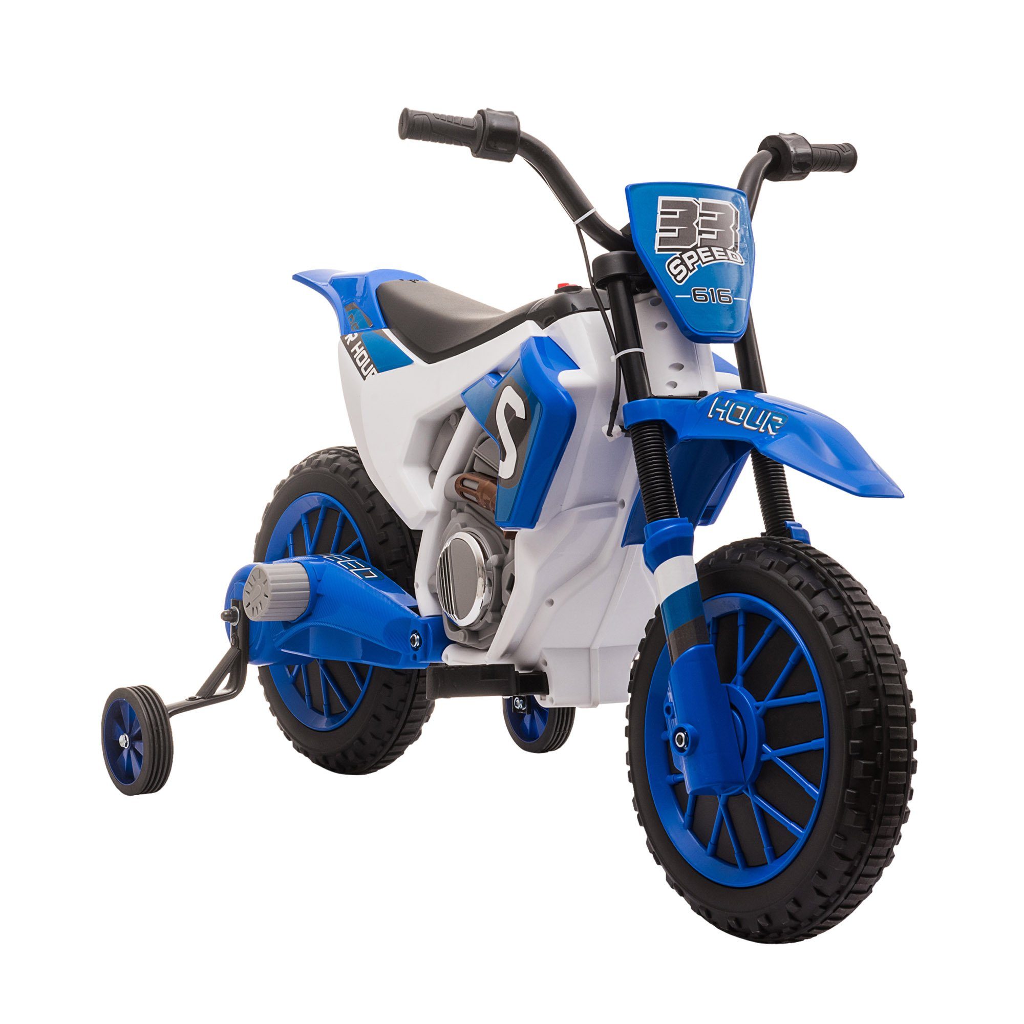 Motocicleta elétrica infantil HOMCOM com 2 rodas de apoio removíveis para crianças a partir de 3 anos, capacidade de carga de 30 kg (1 unidade), inclui bateria e carregador.