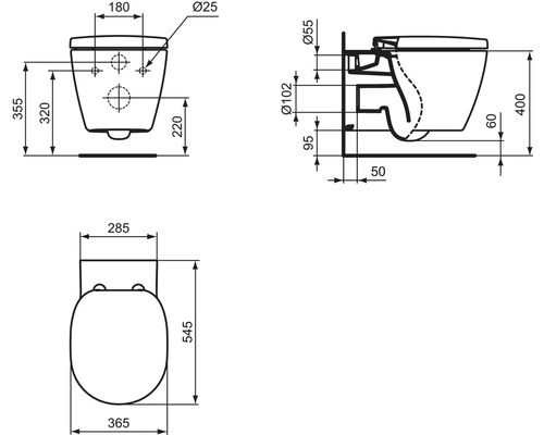 Ideal Standard wandclosetset Connect, randloos, glanzend wit met toiletzitting K707401