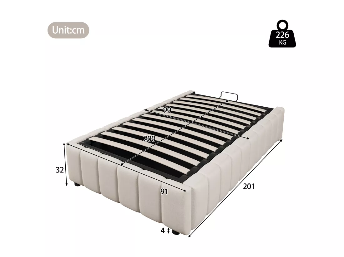 Lit coffre capitonné en lin - 90x200 cm - sans tête de lit - Beige