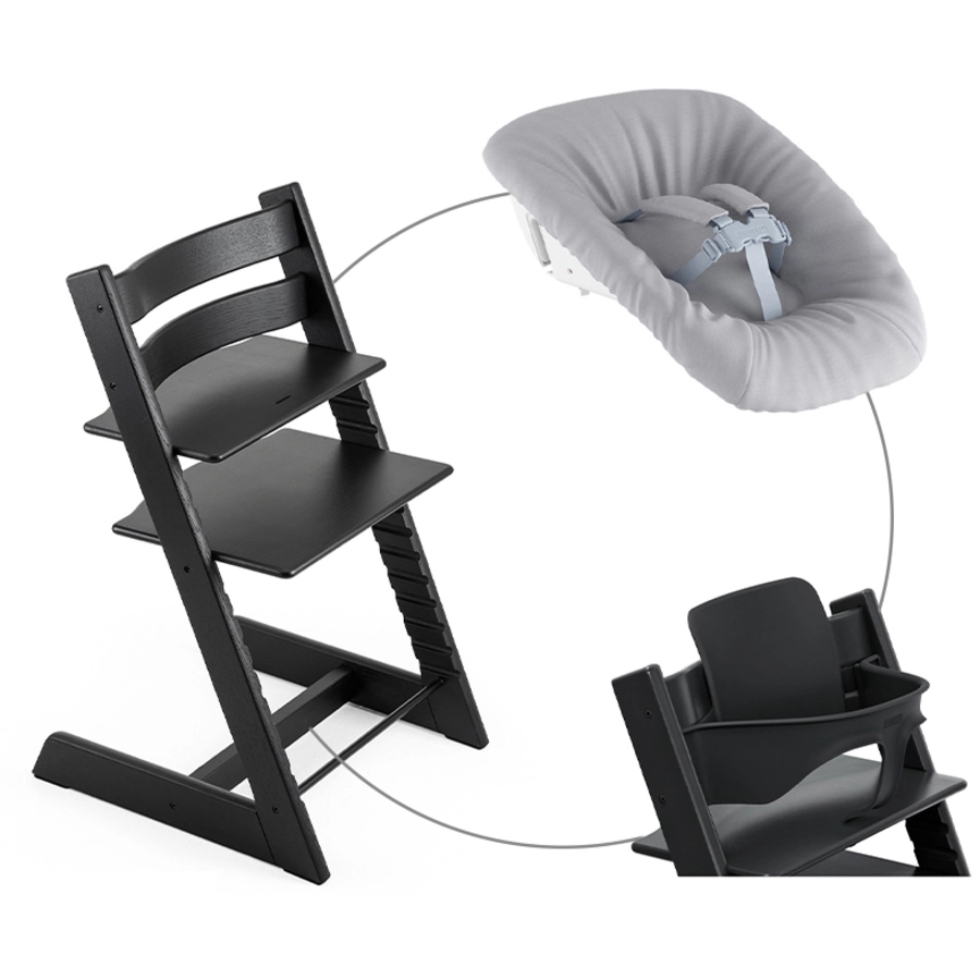 STOKKE® Mega Tripp Trapp® Set Hochstuhl Oak schwarz inkl. Newborn Set™ Grey und Baby Set schwarz