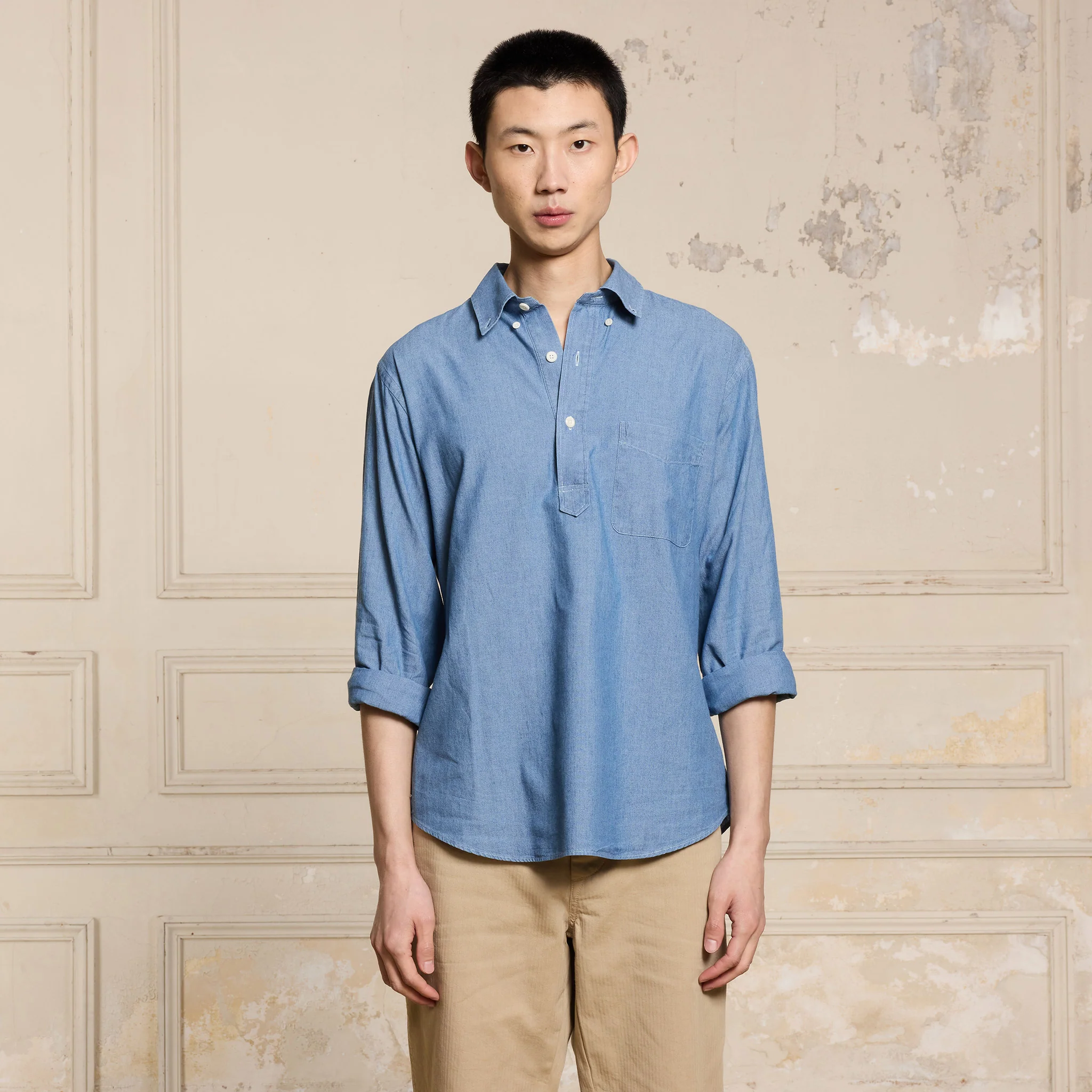 Denim blue chambray popover shirt