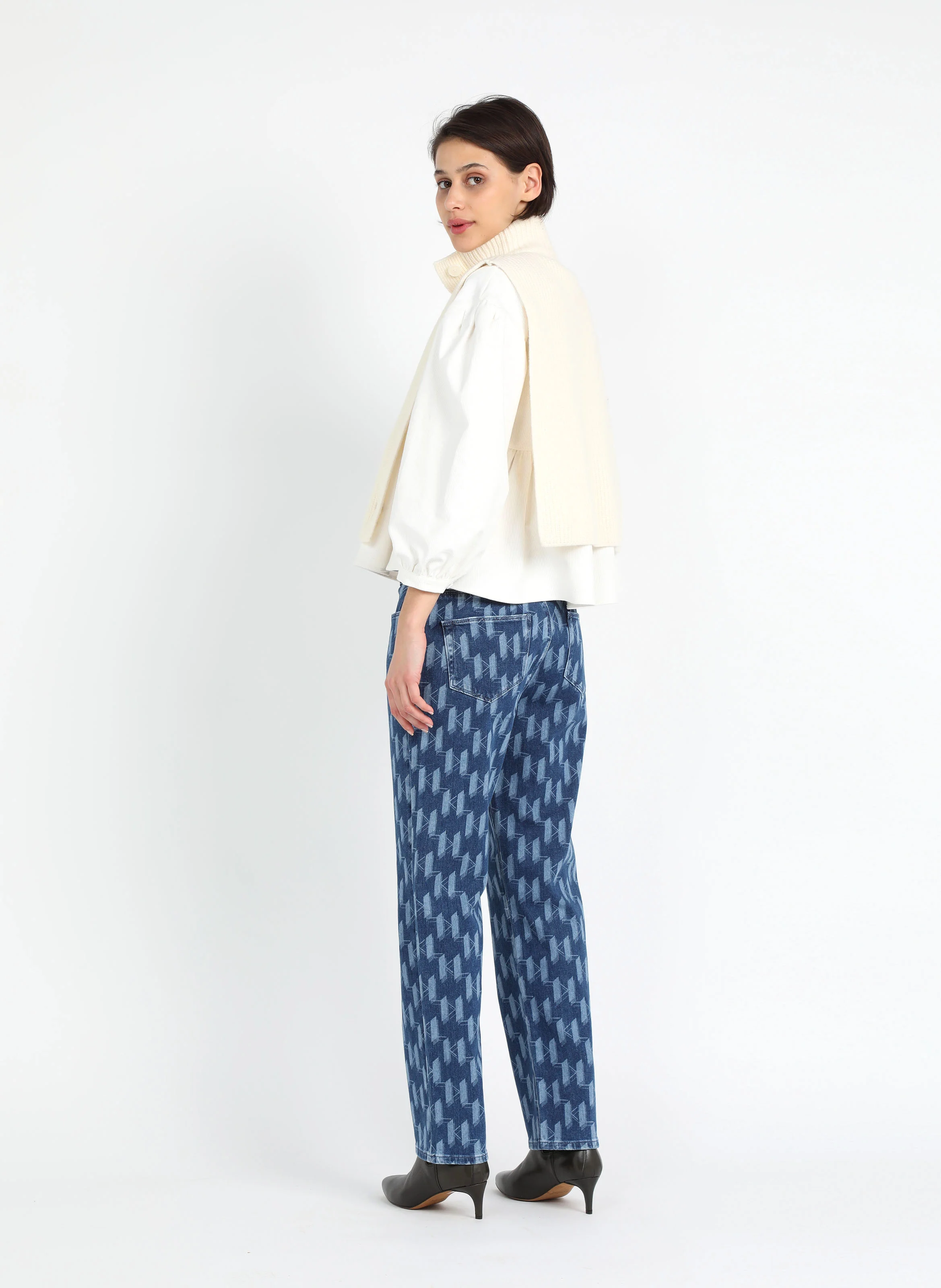 Jean droit à motif logotypé en coton| Bleu