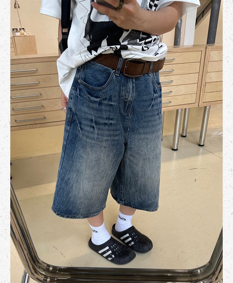 rinkoplan - High Rise Washed Loose-Fit Wide-Leg Denim Jorts