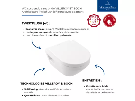 WC suspendu sans bride VILLEROY ET BOCH Architectura Twistflush rond avec abattant