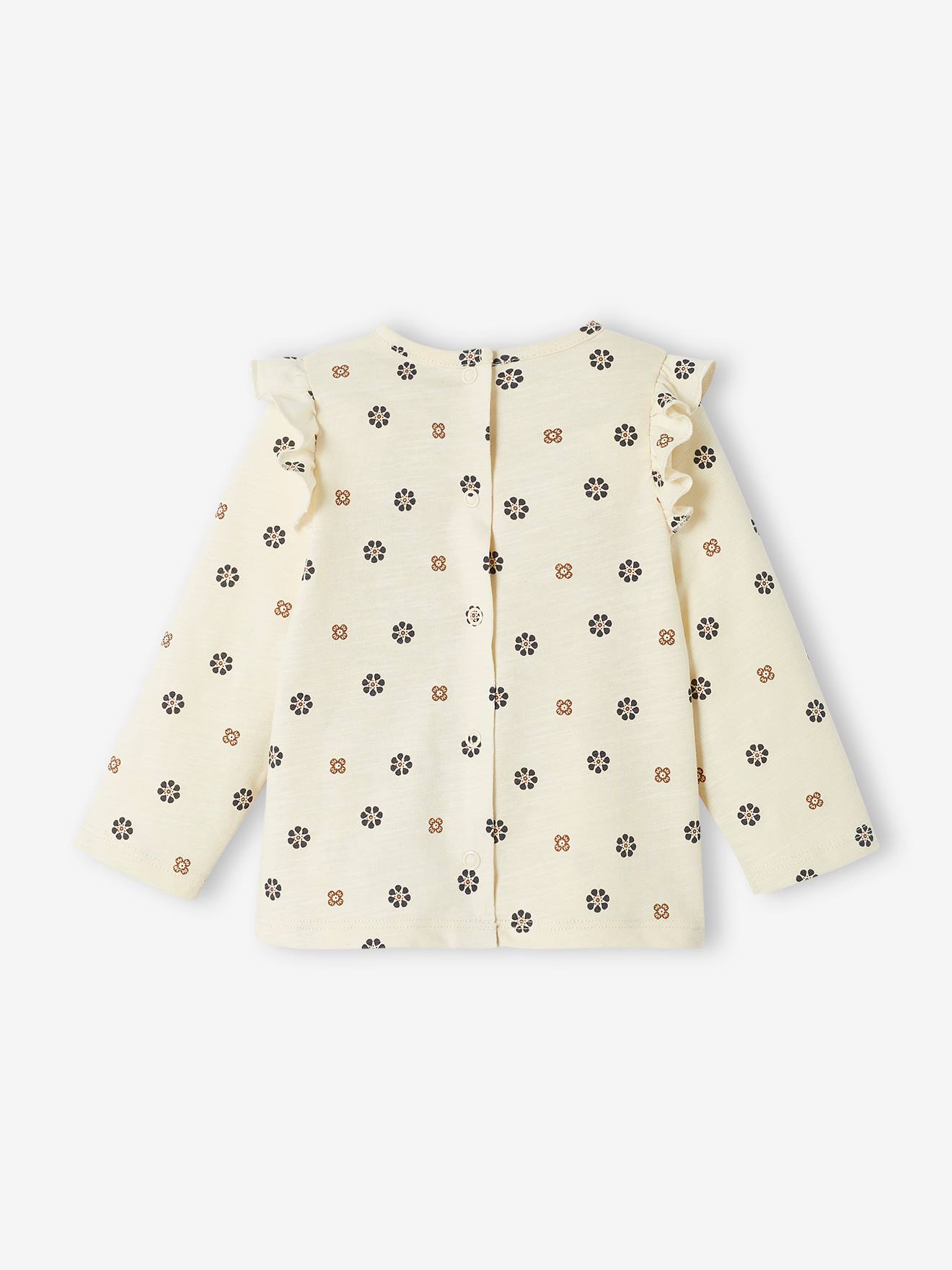 Camiseta infantil com estampa floral e babado, cor off-white