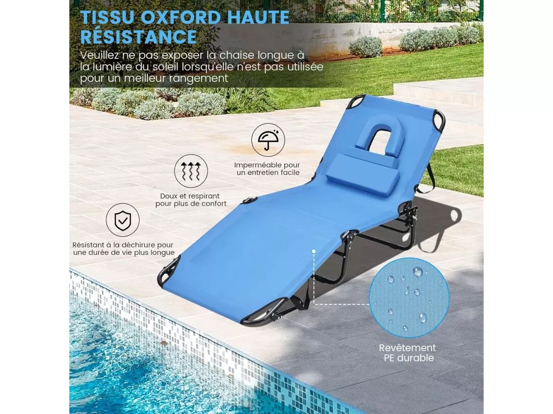 Chaise Longue Pliante Réglable à 5 Positions avec Trou pour Visage, Bain de Soleil en Tissu et velours Oxford 3 Coussins Amovibles Charge 160KG, pour Piscine Plage Cour CamBoisg (Bleu)