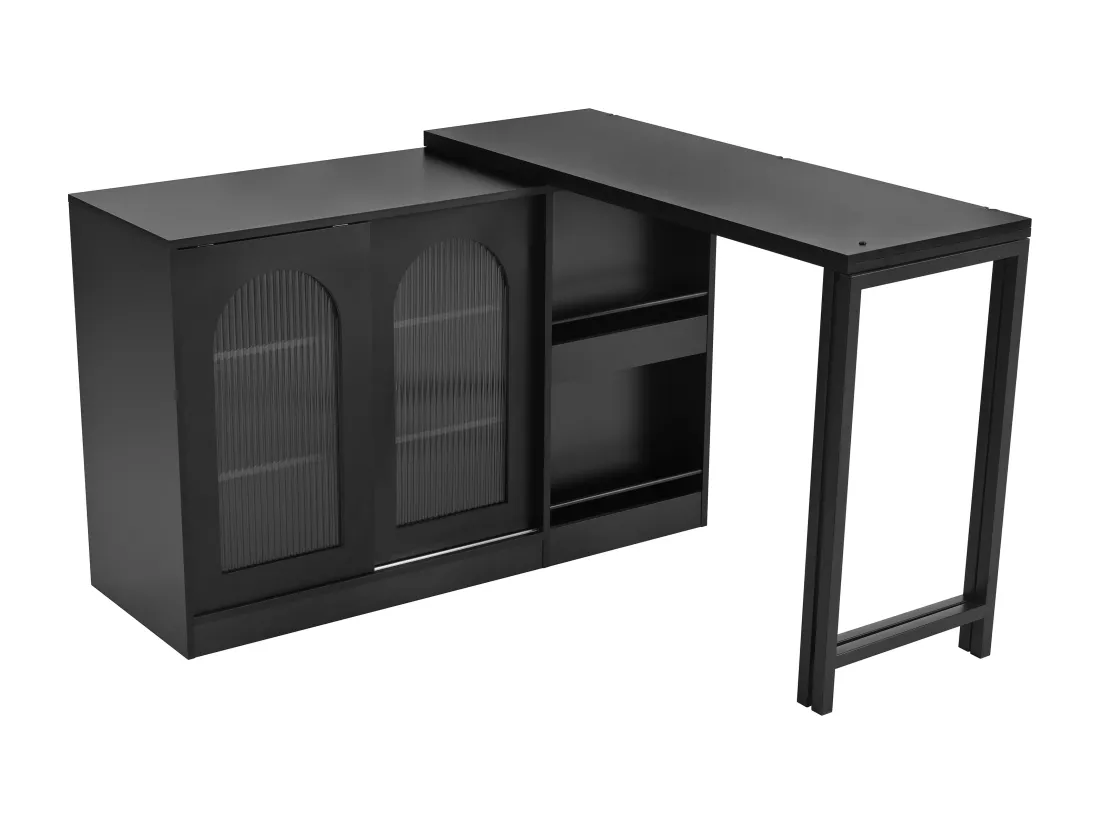 Ilot central de cuisine - avec plateau escamotable pivotante - avec portes vitrées et espace de rangement - MDF - Noir