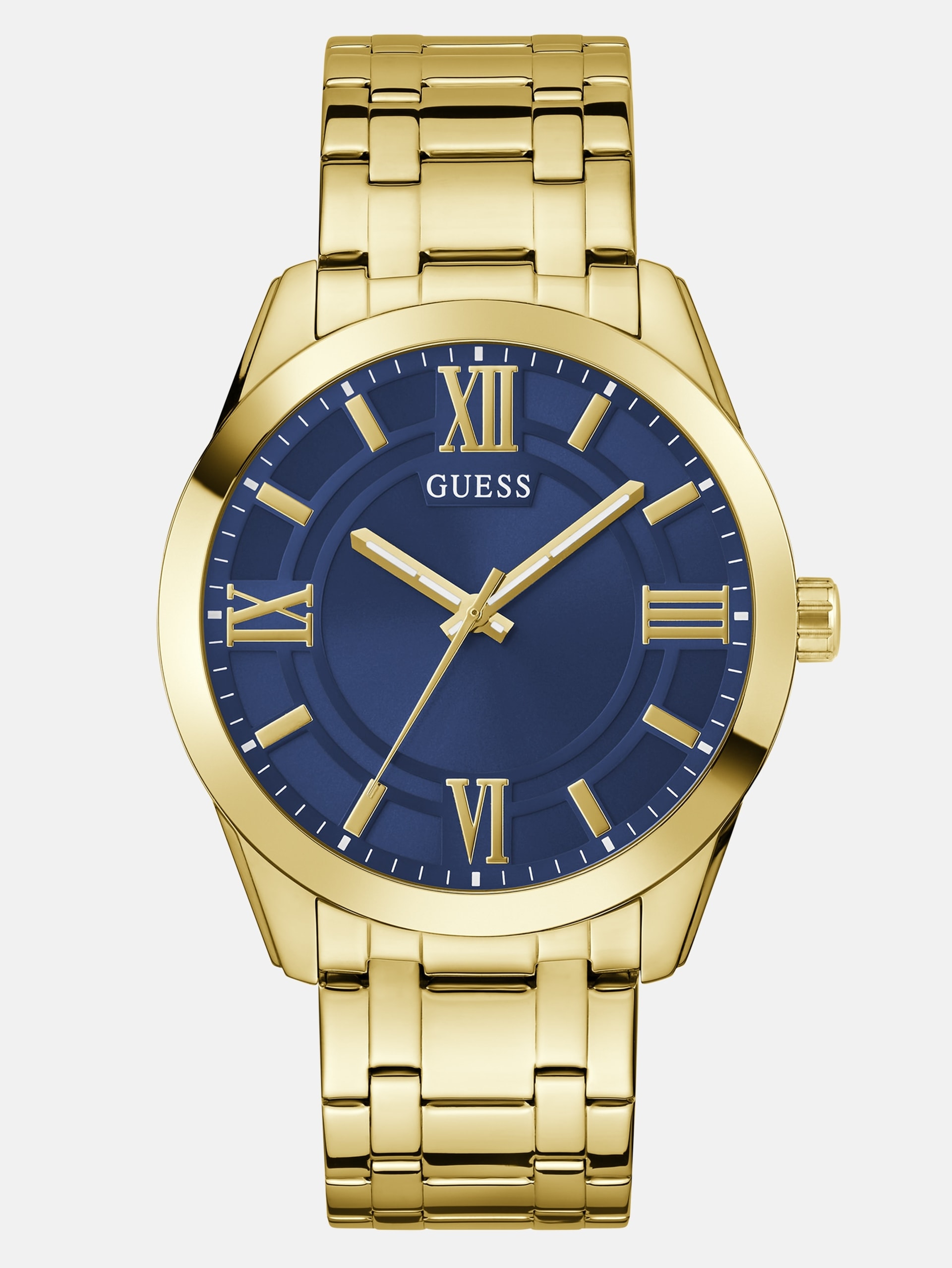 Relógio analógico dourado e azul