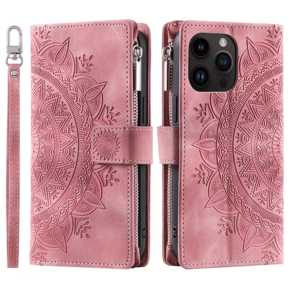 iPhone 16 Pro Leder Tasche Flip Cover mit Reissverschluss - Mandala Flowers Imprint - Rosa