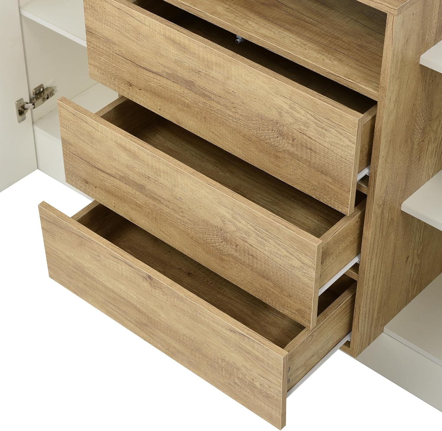 Moimhear Sideboard, Kommode, 140x30x77.5cm, Hochglanz-Weiß und Holzfarbe, LED-Lichteffekte, Teilweise glänzende Oberfläche