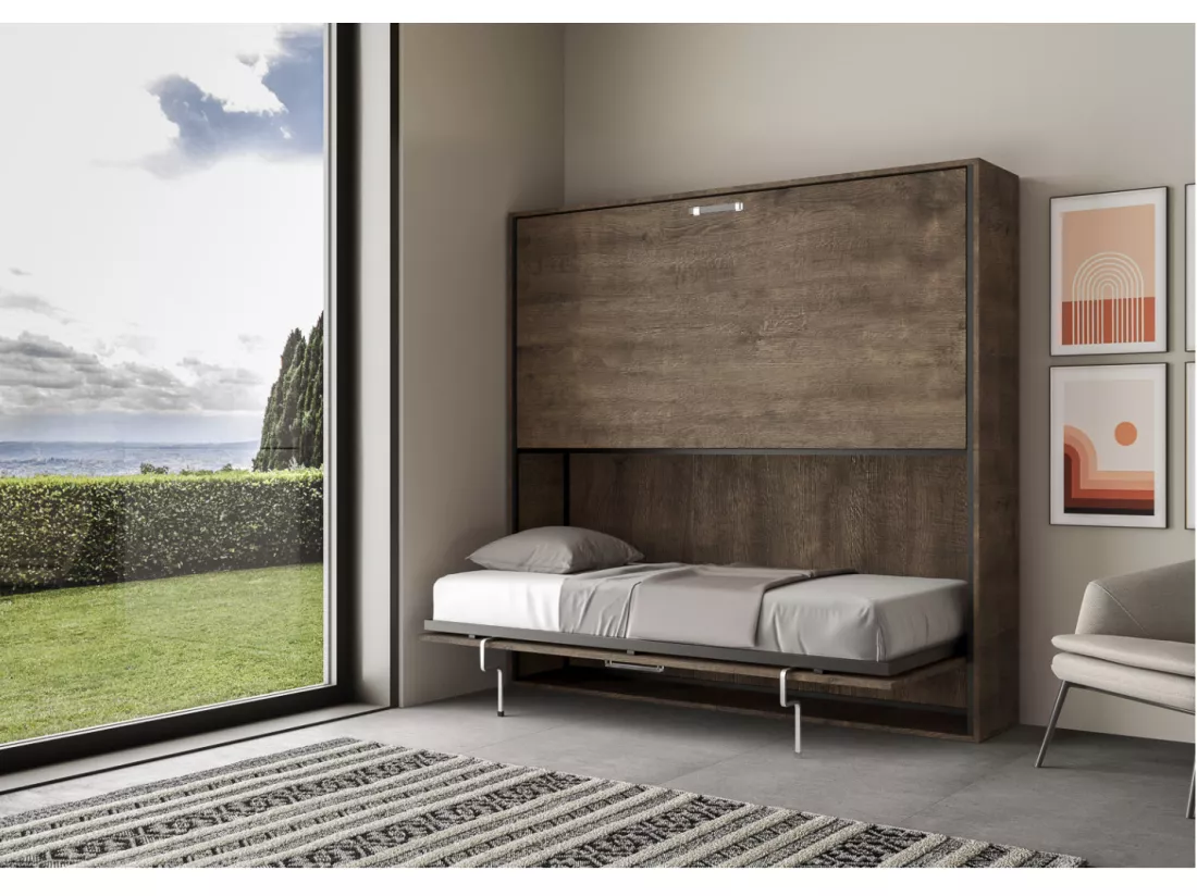 Lit escamotable superposé noyer horizontal 2 couchages 85x185 Bounto-2 matelas 85x185