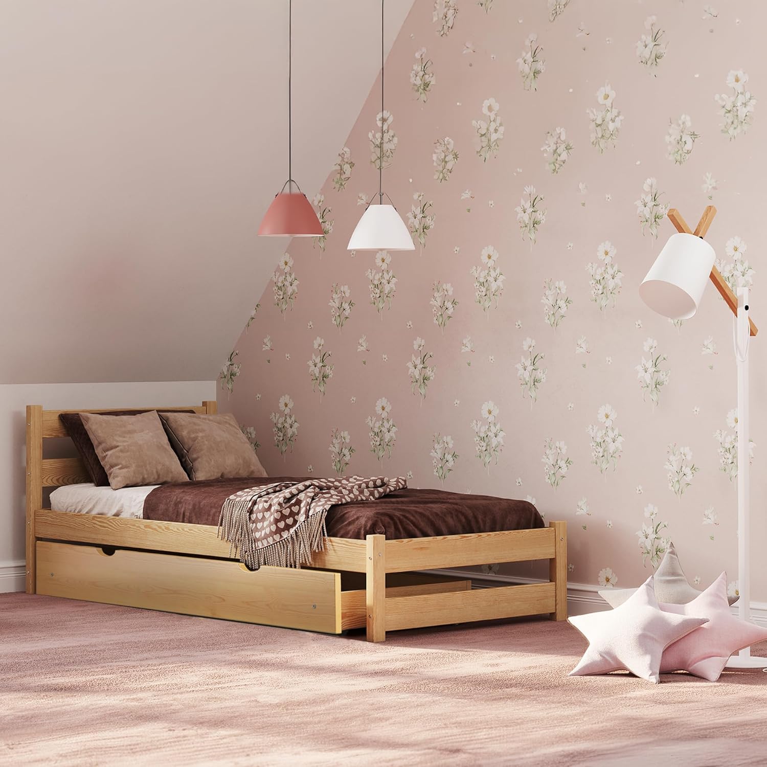 Kinderbett 80x160 cm mit Auszugbett und Lattenrost - Einzelbett aus Kiefer Massivholz - Kinder Bett Montessori – Jugendbett - ohne Matratze