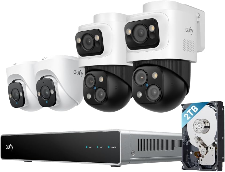 eufy PoE NVR Security System S4, 2× Bullet-PTZ-Kameras, 2X Turrent-Kameras, 360° PTZ, KI Auto-Framing & Tracking, smarte Videosuche, Farbnachtsicht, Stroboskop, Plug & Play, 24/7 Aufnahme, 2TB HDD