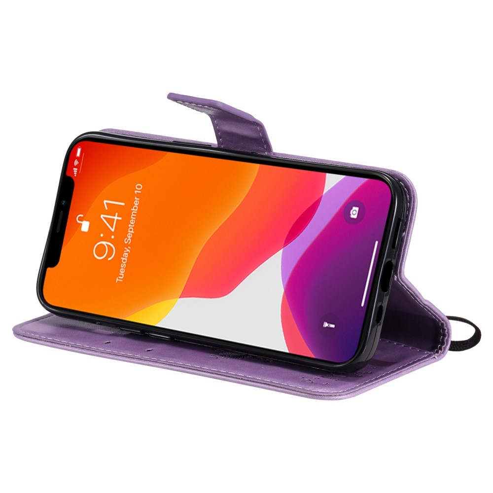 iPhone 14 Leder Tasche Flip Cover Baum Imprint - Lila