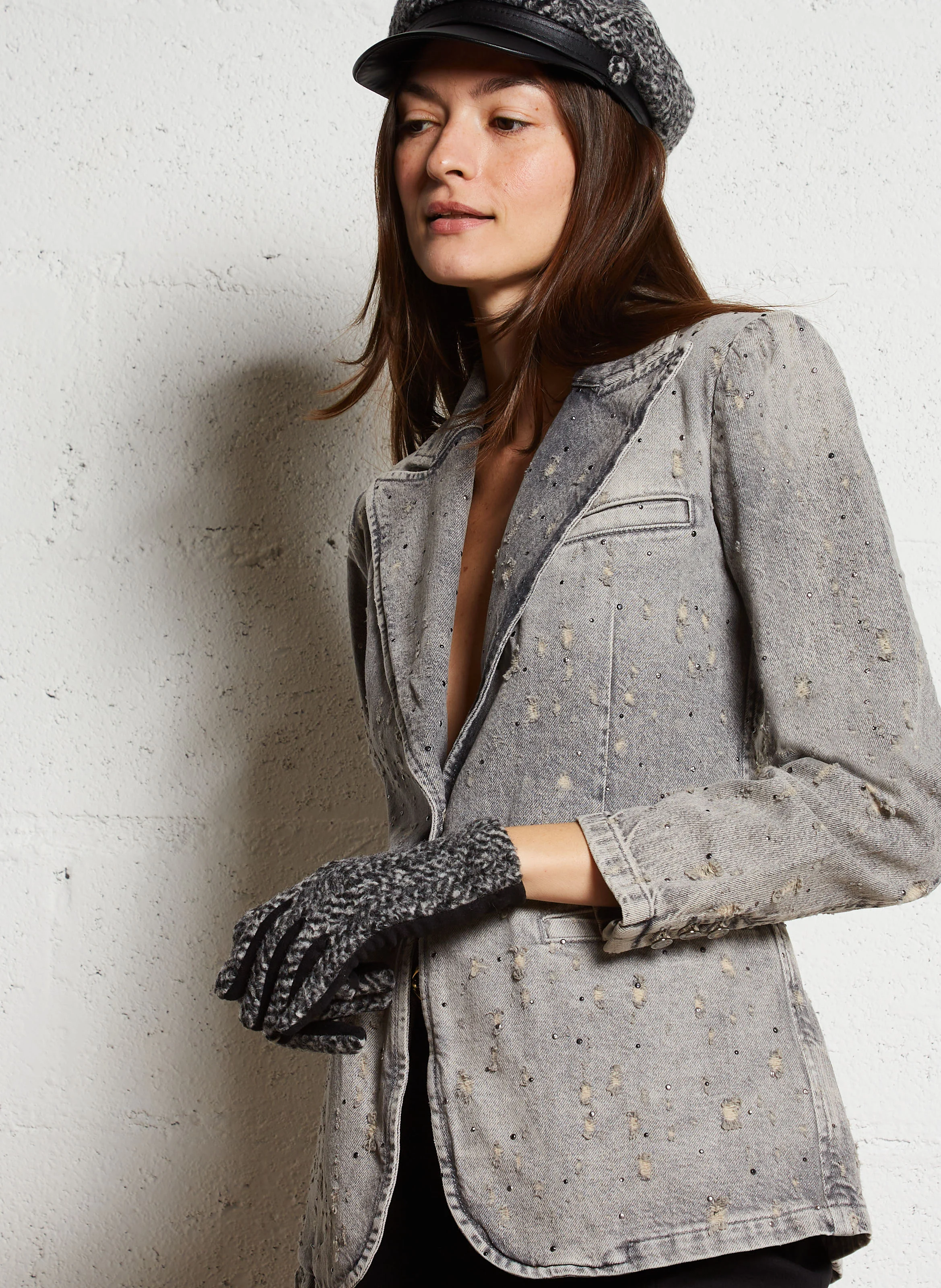 Veste en jean cintrée col tailleur en coton | Gris