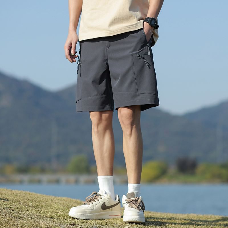 Lefitt - Mid Rise Plain Cargo Shorts