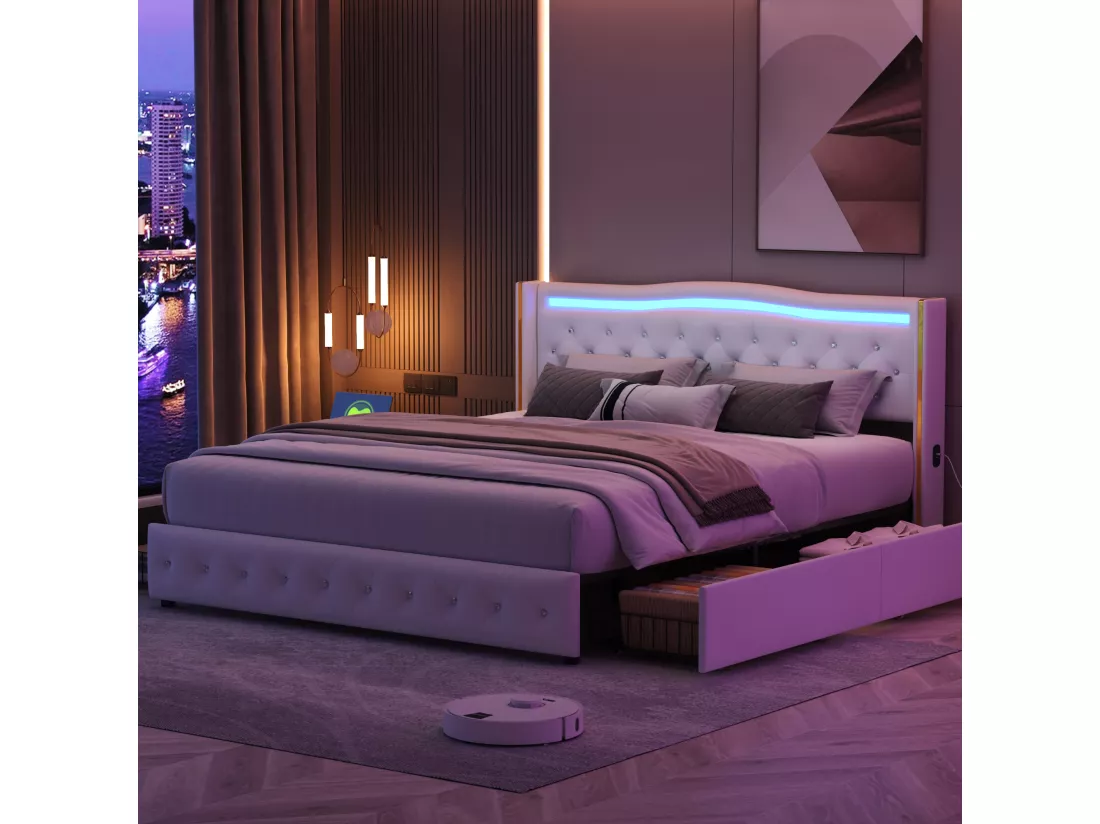 Lit 140x200cm avec Sommier LED et USB, lit Capitonné avec 4 Tiroirs, Cadre de Lit avec Sommier à Lattes, Lit 2 Personnes, PU, Blanc