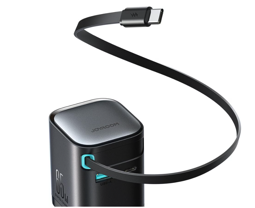 (65W) 3in1 2x USB C / 1x USB A GaN Ladegerät Netzteil mit ausziehbarem Ladekabel Power Delivery   Netzkabel (JR-TCL02) - Schwarz
