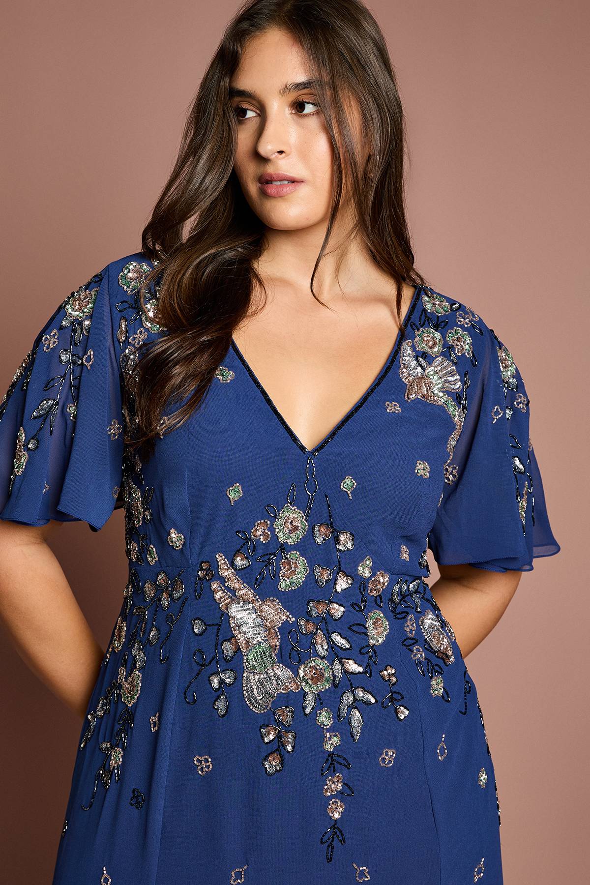 Coast Robe Midi Grande Taille à Manches Volantées et Broderies Florales