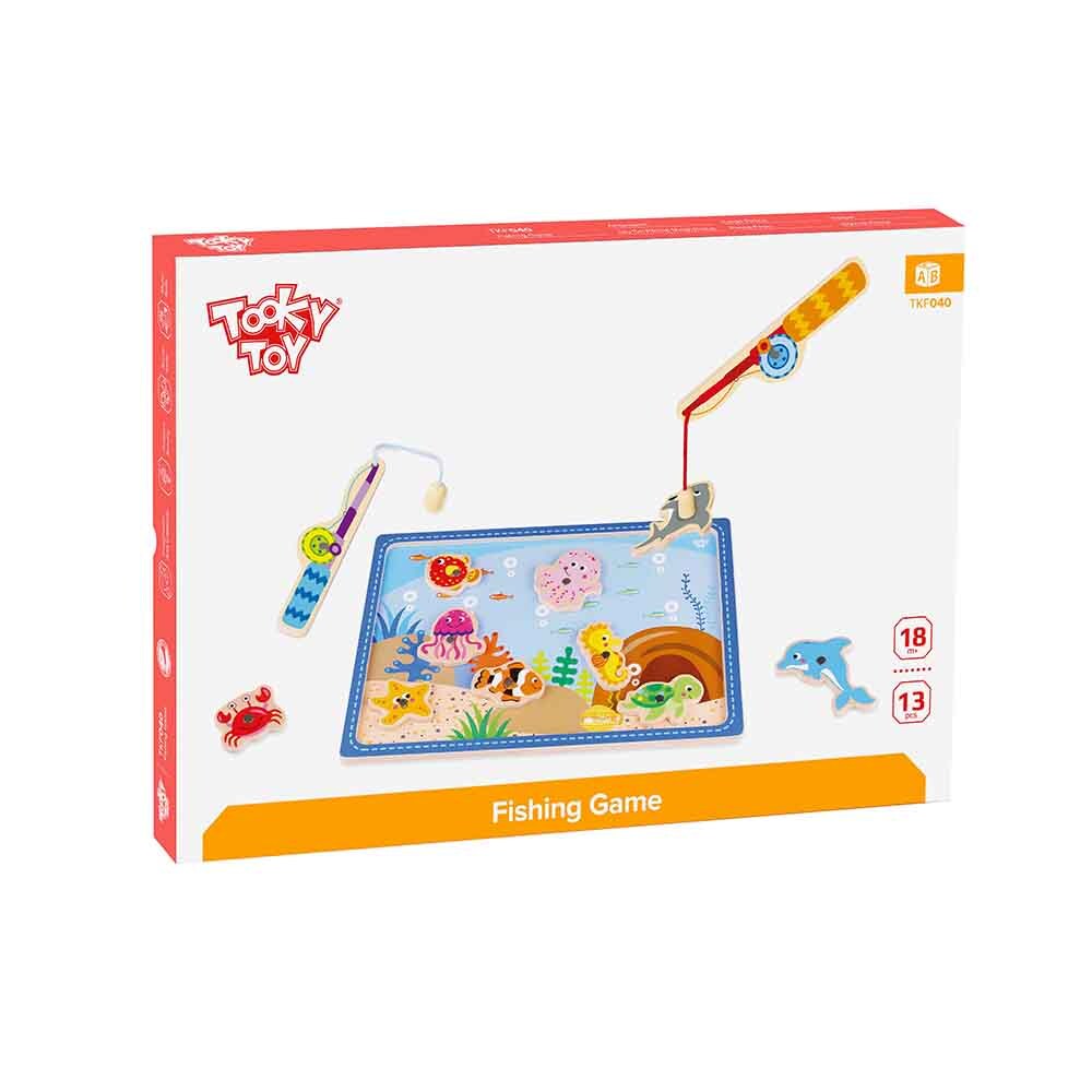 Tooky Toy Angelspiel TKF040 Holz 10 Meerestiere, 2 Angelstäbe magnetische Fische blau