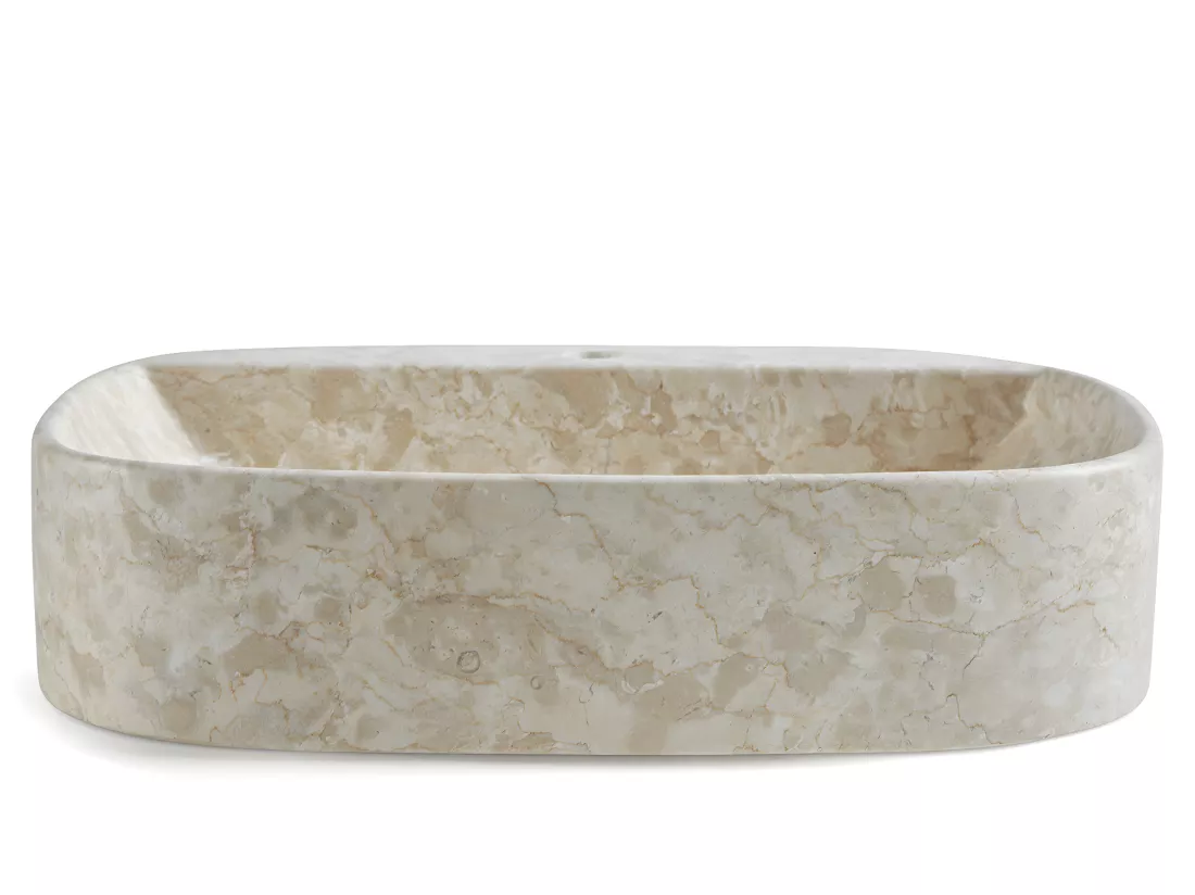Vasque à poser / lavabo ovale en marbre coloris beige - Longueur 52 x Hauteur 13 x Profondeur 42 cm