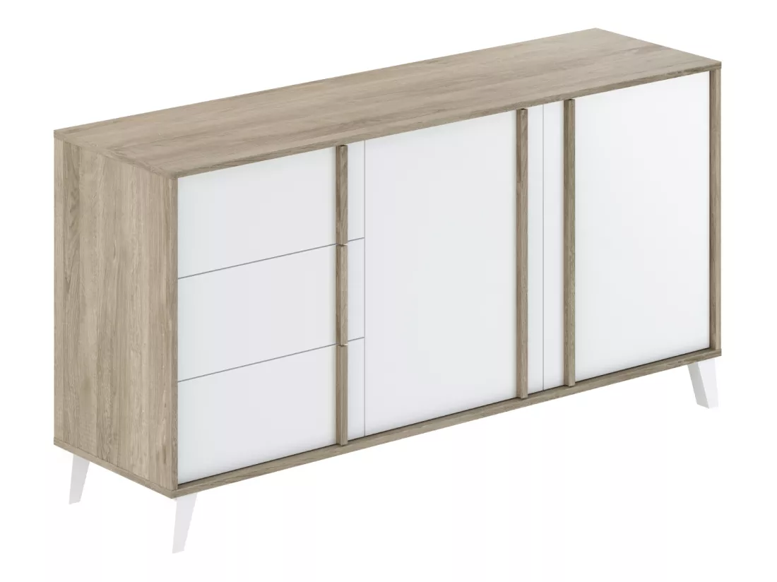 Buffet, meuble de rangement en mélamine coloris chêne et blanc - L. 160 x P. 45 x H. 82 cm