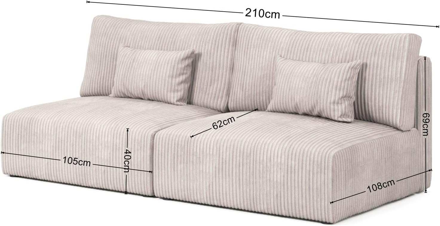 Moderno Sofa mit Schlaffunktion Modulo - Modern Cord Sofa mit 2 Sitzen und Robusten Überzug - Modular Schlafcouch - Couch mit Bettzeugcontainern - 210x80x108 cm - Creme