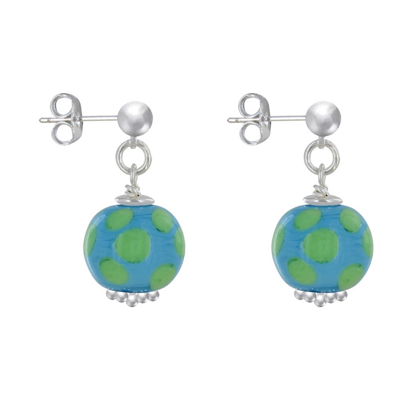 Boucles d'Oreilles Clous Métal Argenté Perles en Céramique à Pois