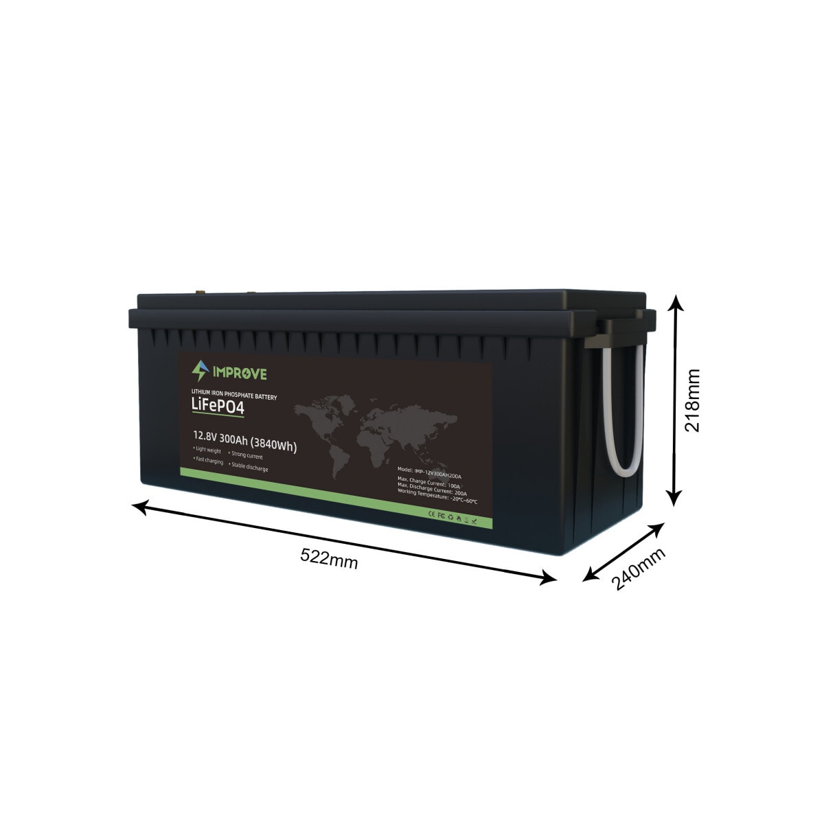 IMPROVE Lithium Batteri 12V 300Ah (LiFePO4) BMS 200A