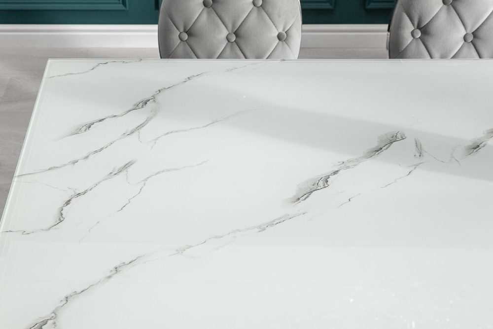 Design Esstisch MODERN BAROCK 200cm weiß chrom Glasplatte Marmor Edelstahlbeine