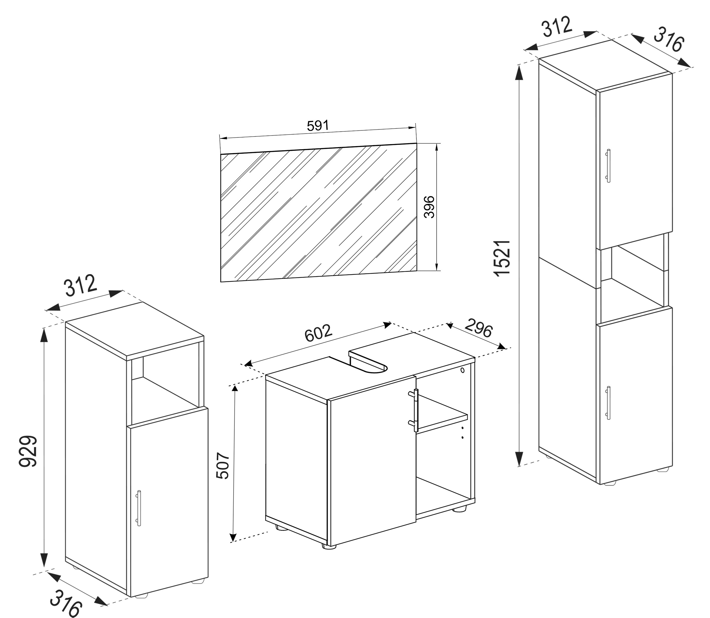 VCM 4-tlg. Badmöbel Set Komplett Badschrank Unterschrank Hochschrank Flandu Ill
