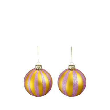 Kerstbal mix glas streep roze goud  Ø 8 cm per stuk