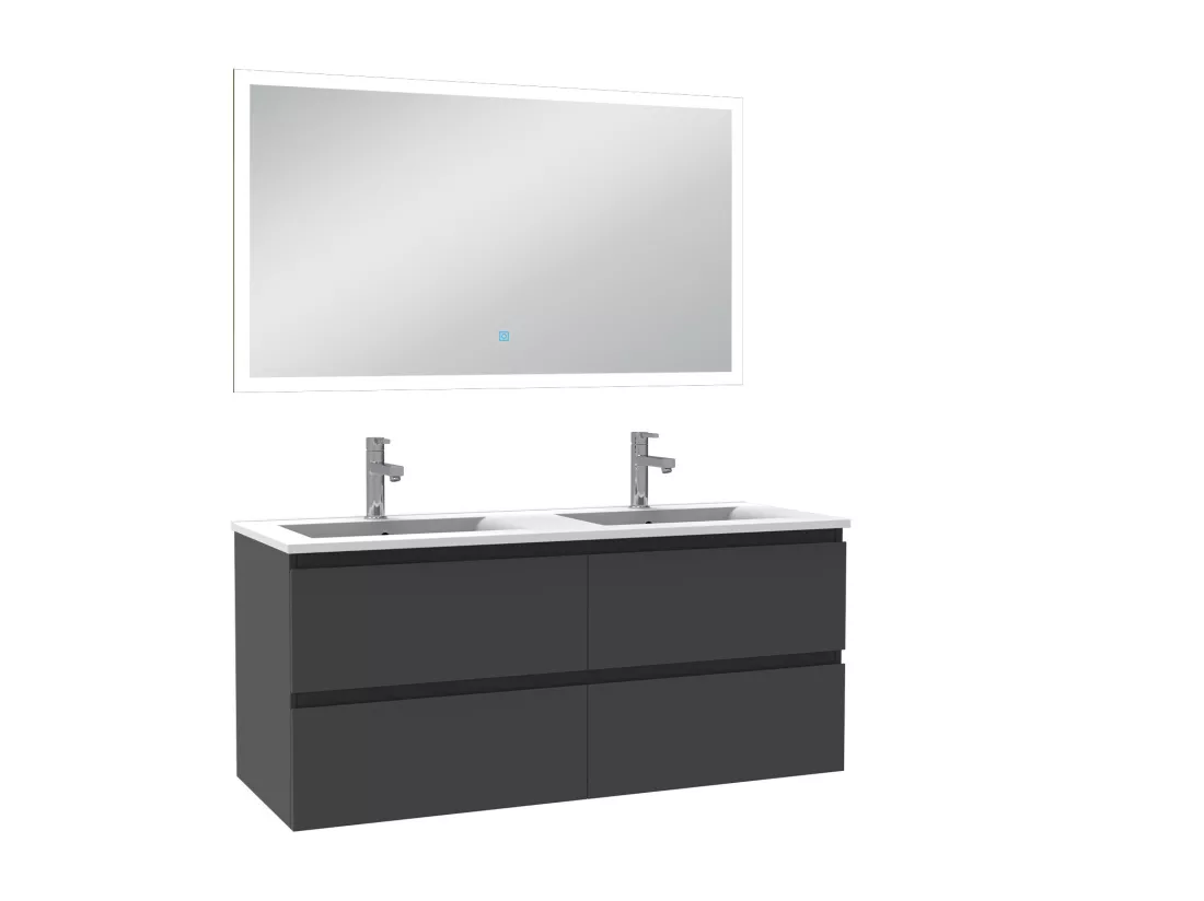 Ensemble meuble Salle de Bain 120cm double vasque et miroir lumineux 3 couleurs et dimmable anthracite