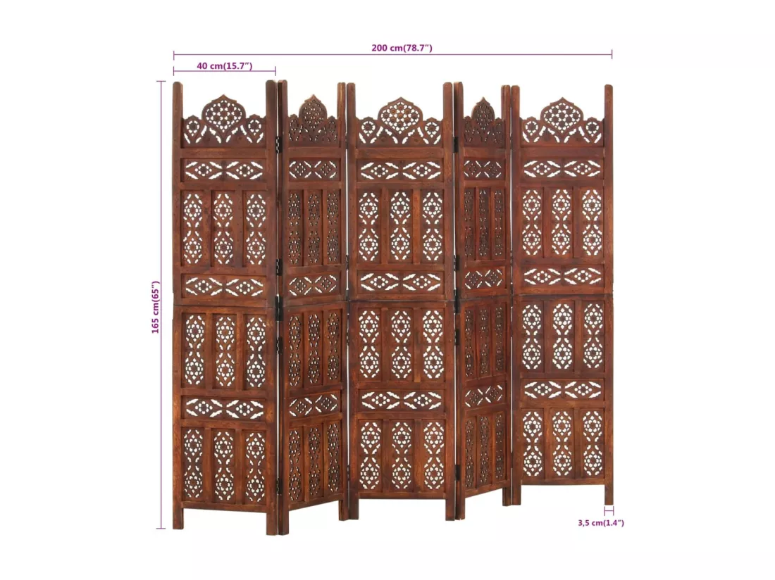 Cloison de séparation 5 panneaux Marron 200x165cm Bois manguier