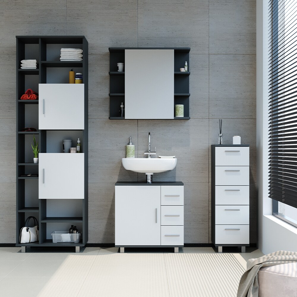 Badmöbel Set ILIAS Bad Spiegel Unterschrank Badschrank Hochschrank Spiegelschrank Weiß Anthrazit