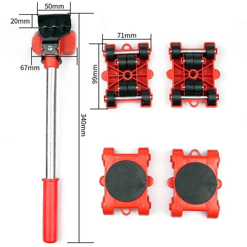 (5-tlg. Set) Möbel Transportrollen Lifter Set Hilfsmittel für Umzug (Bis 200kg) - Schwarz / Rot