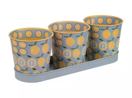 Plateau et 3 pots en métal gris