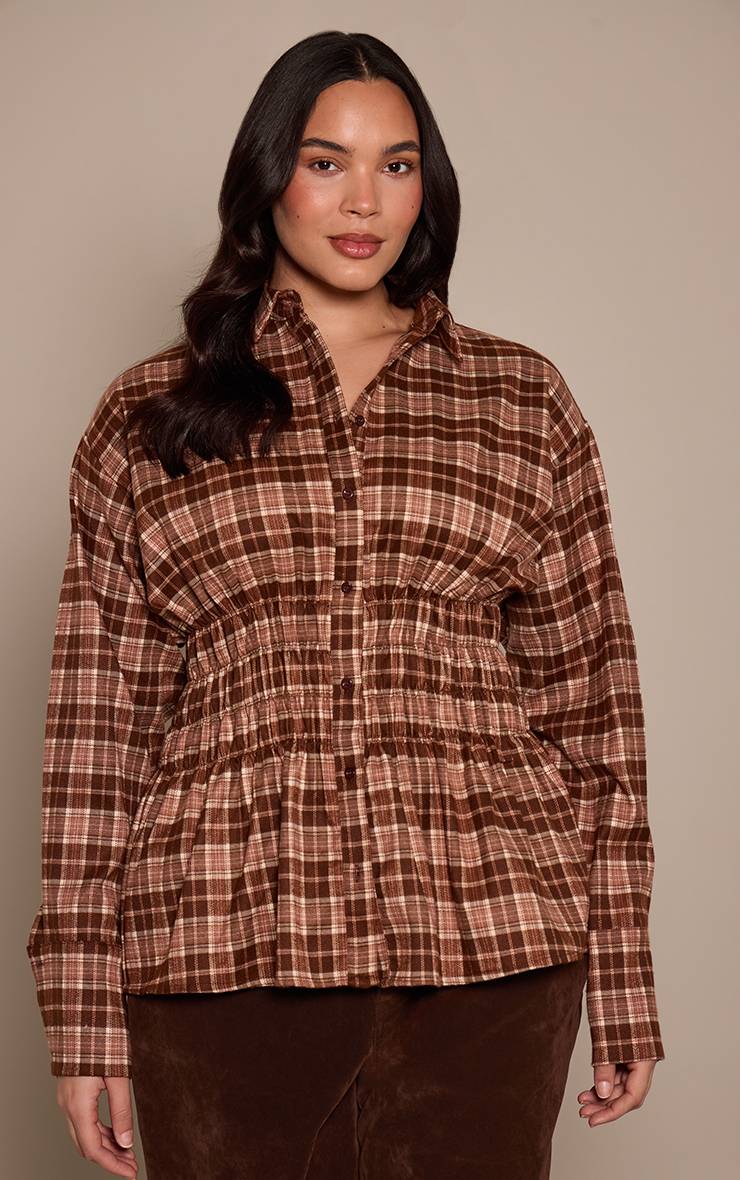 Marron Chemise Grande Taille À Carreaux Avec Taille Froncée