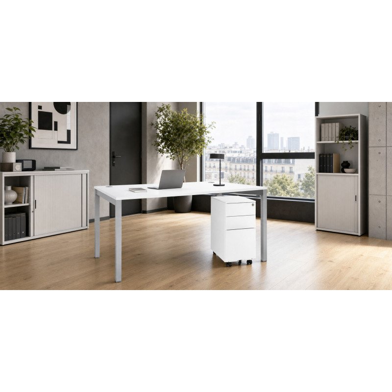 Pack bureau L 120 cm Squadra blanc + caisson mobile métal 3 tiroirs petite largeur Bruneau Blanc
