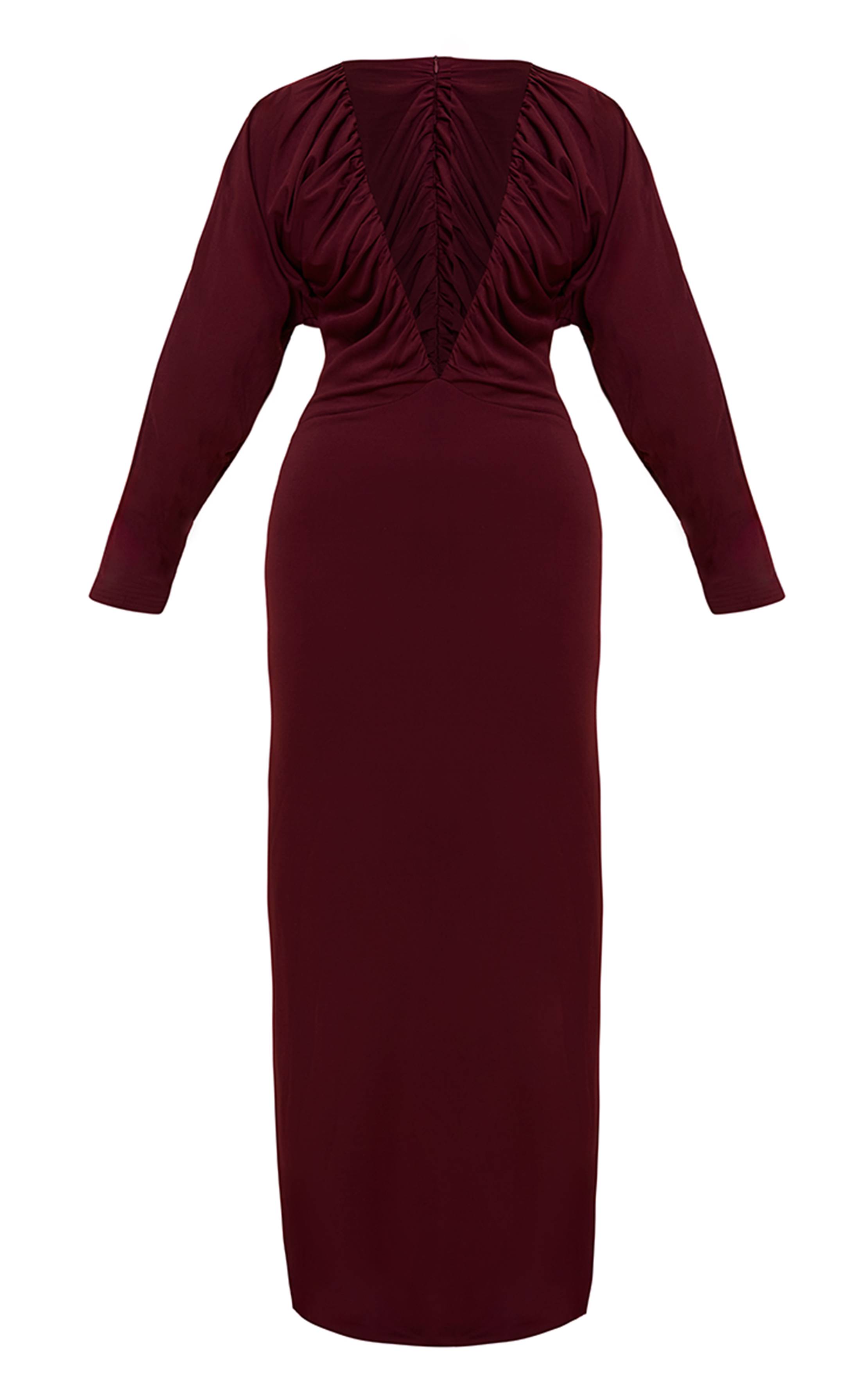 Rouge Mûrier Robe Maxi Moulante À Manches Chauve-souris Col Plongeant Froncée En Tissu Slinky Plt Label