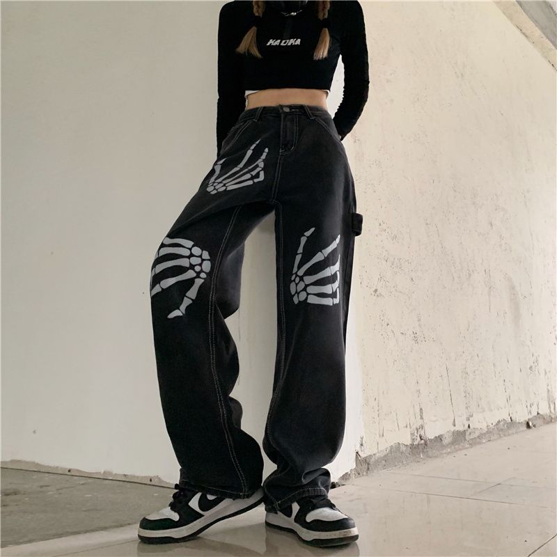 Banash - Wijde jeans met hoge taille en skeletprint