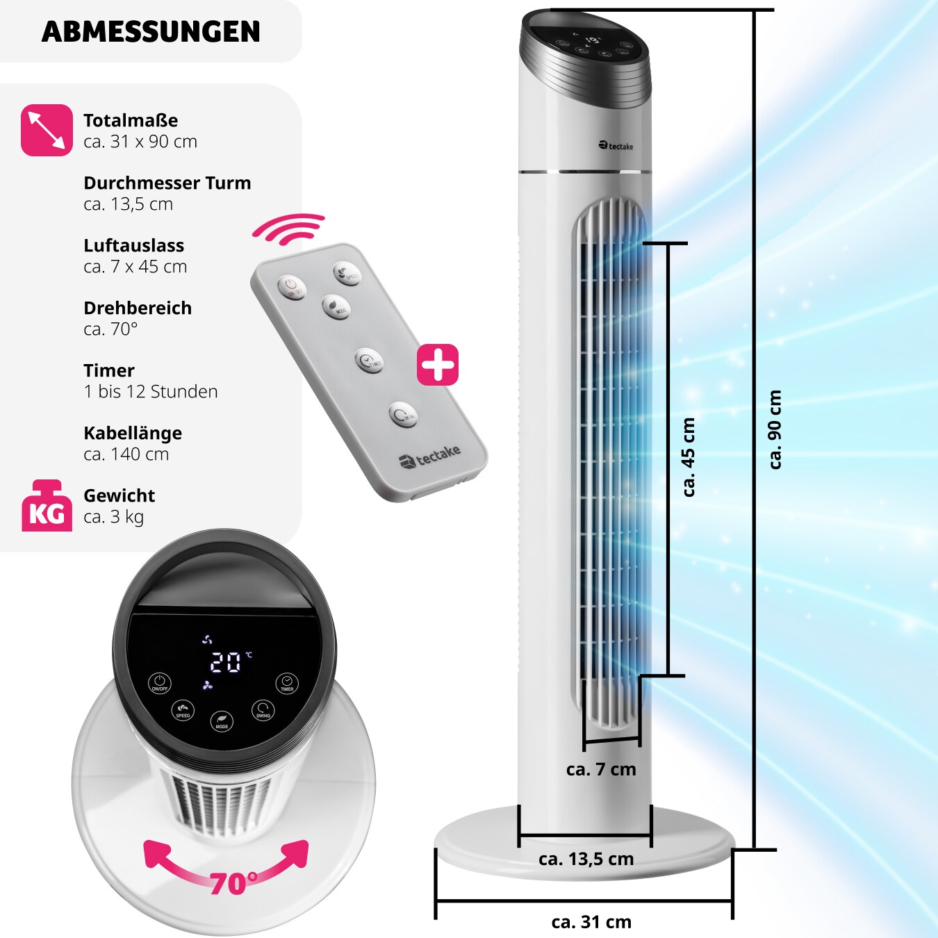tectake® Turmventilator, oszilierend, mit Timer-Funktion, 31 x 90 cm