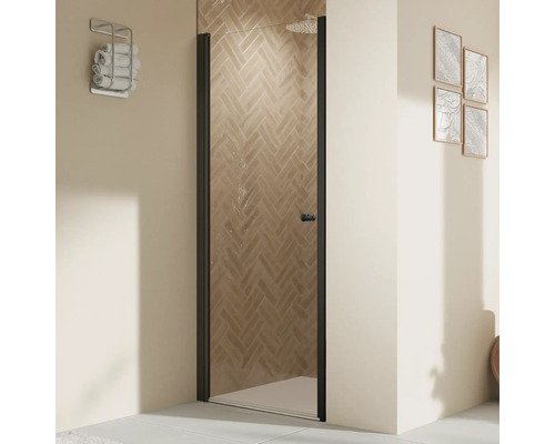 Douchedeur in nis met draaideur BREUER Elana 2.0 80 x 200 cm, rond profiel, zwart, helder glas, deurscharnier links
