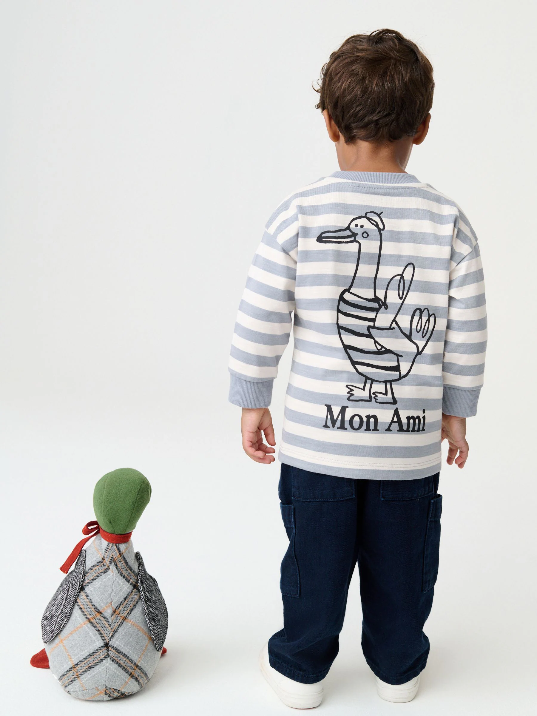 Grijs met eendjes - T-shirt met lange mouwen en print op de rug (3mnd -8jr)