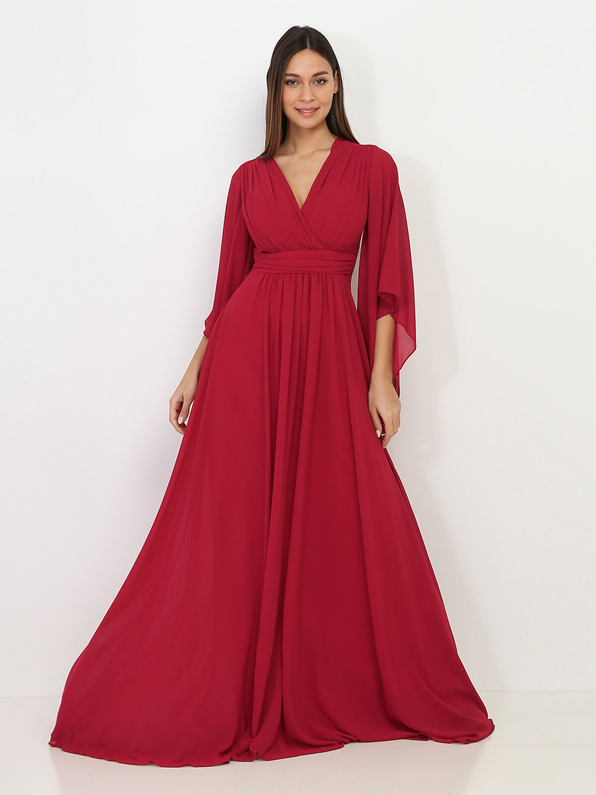 Robe longue drapée à manches volantées- Rouge
