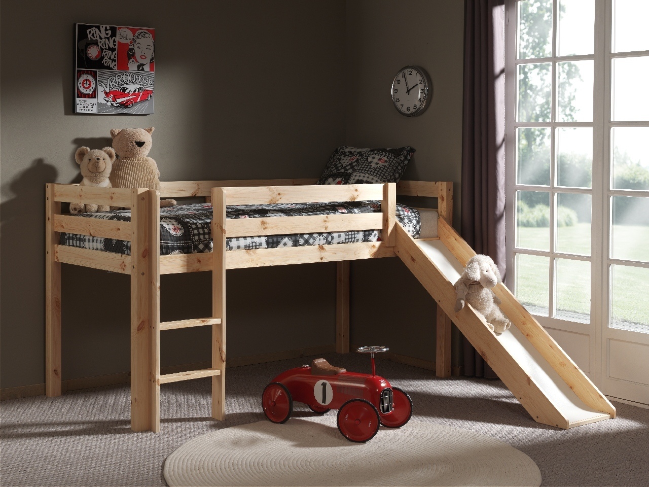 Hochbett PINO - Kiefer Massivholz - Rutsche - 90x200 cm