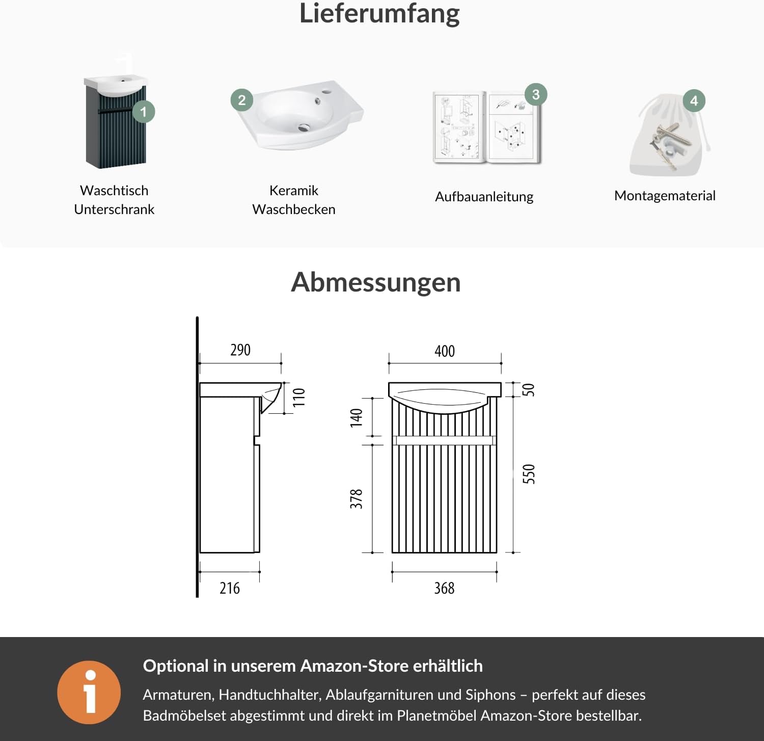 Planetmöbel Waschbecken mit Unterschrank 40 cm inkl. Keramikwaschbecken, Gäste WC Waschtischunterschrank hängend, anthrazit matt