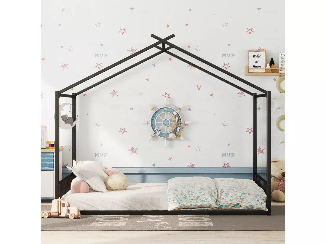 Lit cabane 140x200 cm - cadre en fer - Noir
