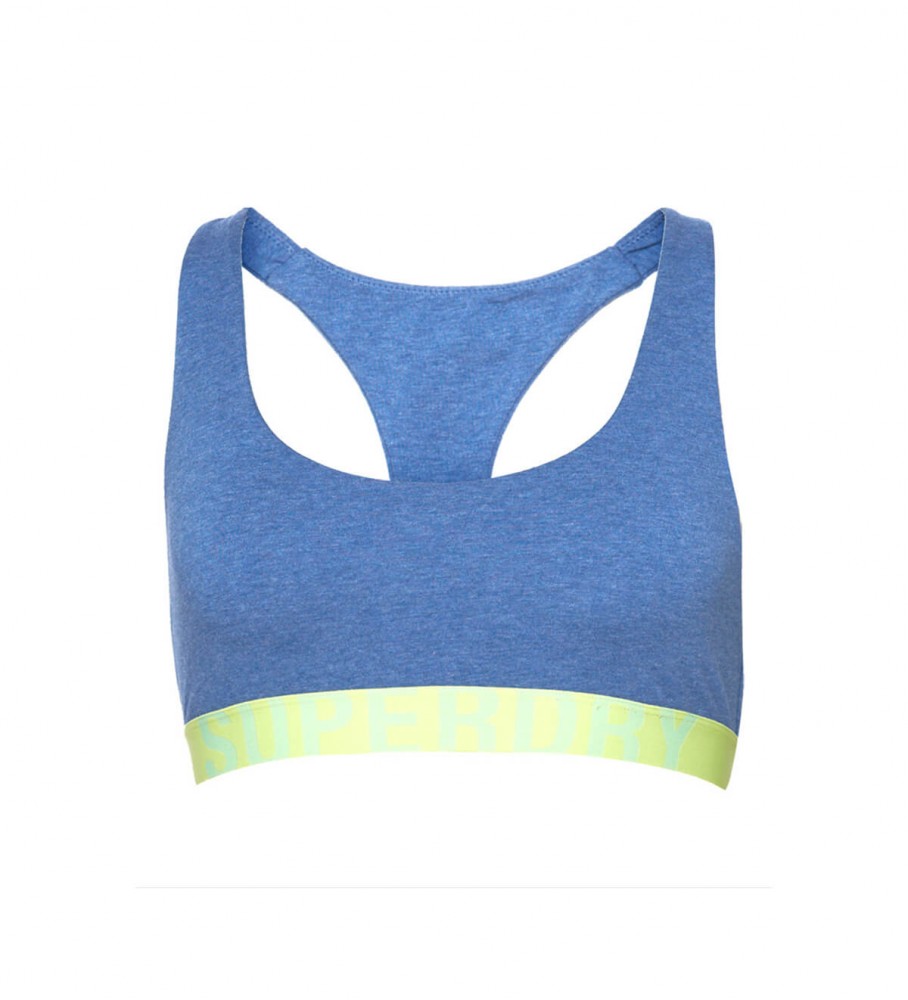 Sutiã curto estilo bralette em algodão orgânico Superdry com logo azul grande.