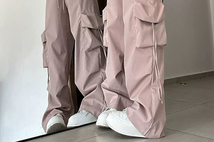 Mushini - Mid Rise Plain Drawstring Cargo Baggy Pants
